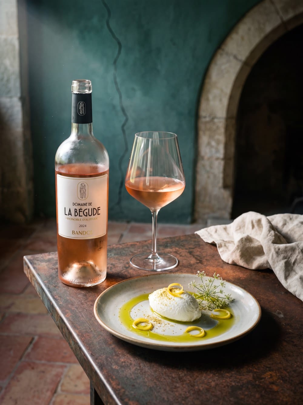 Domaine de La Bégude Rosé 2025 servi avec une Brousse du Rove AOP, huile d'olive et fenouil