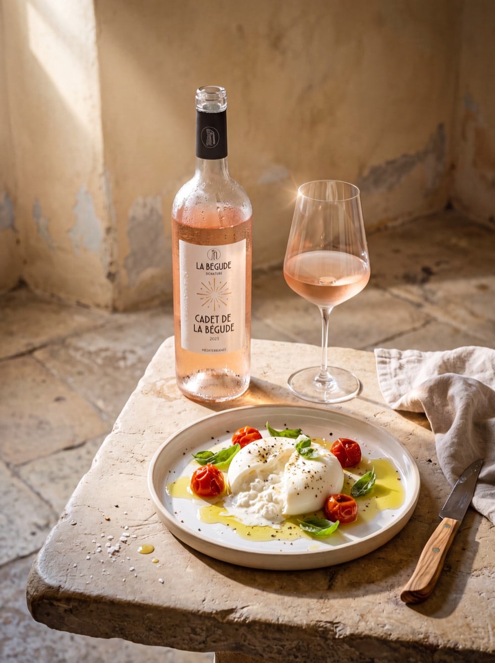 Cadet de La Bégude Rosé 2025 et une Burrata aux tomates confites