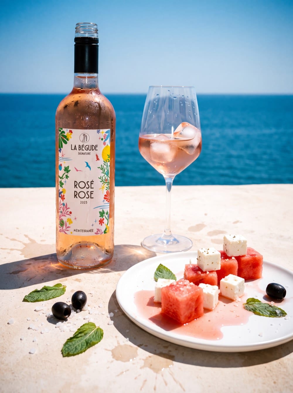 RoséRose 2025 servie avec glaçons, feta, pastèque et menthe face à la mer